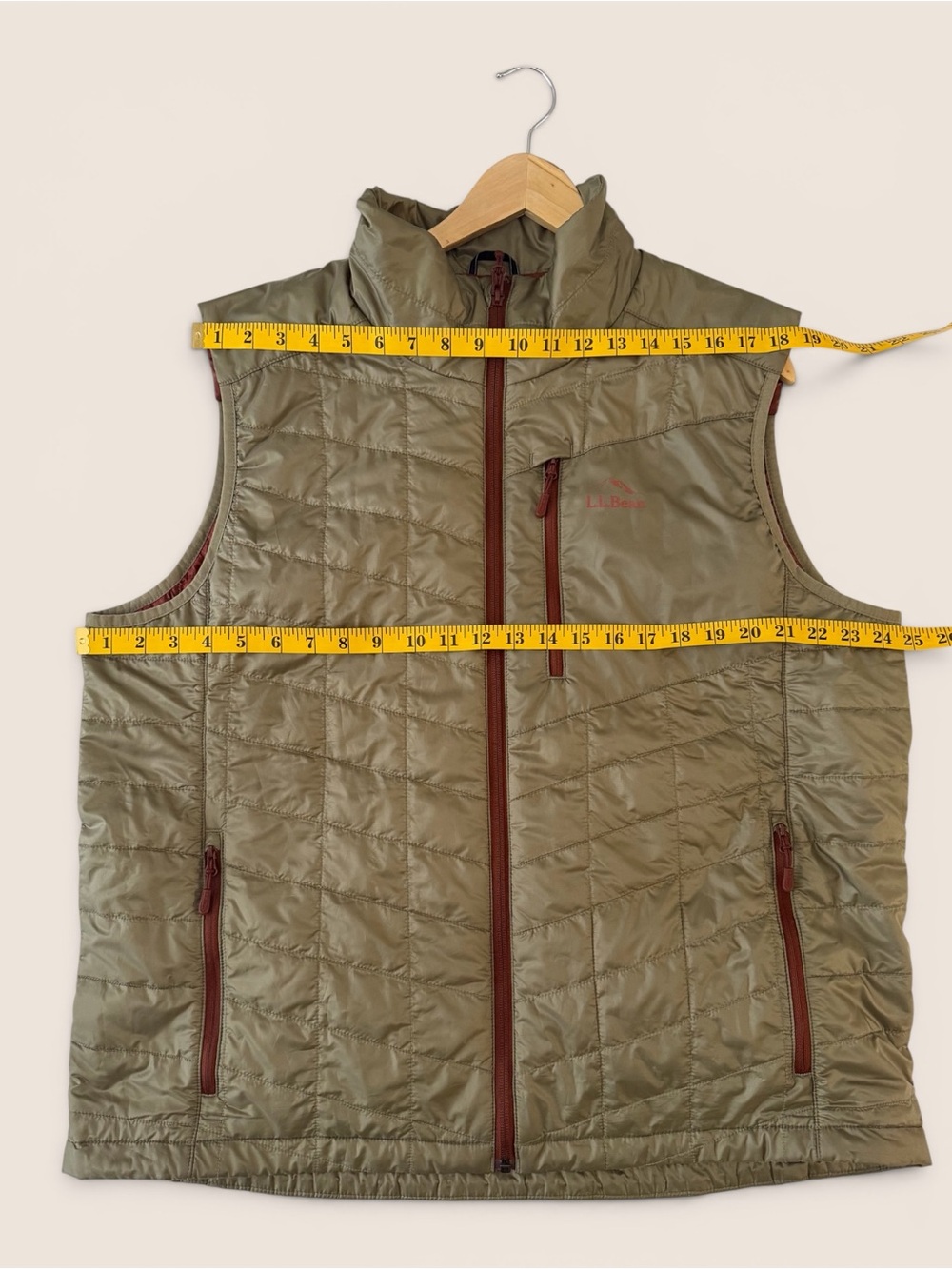 L.L. Bean Quilted Insulated Vest in Olive with Brown Trim - Picture 3 of 6